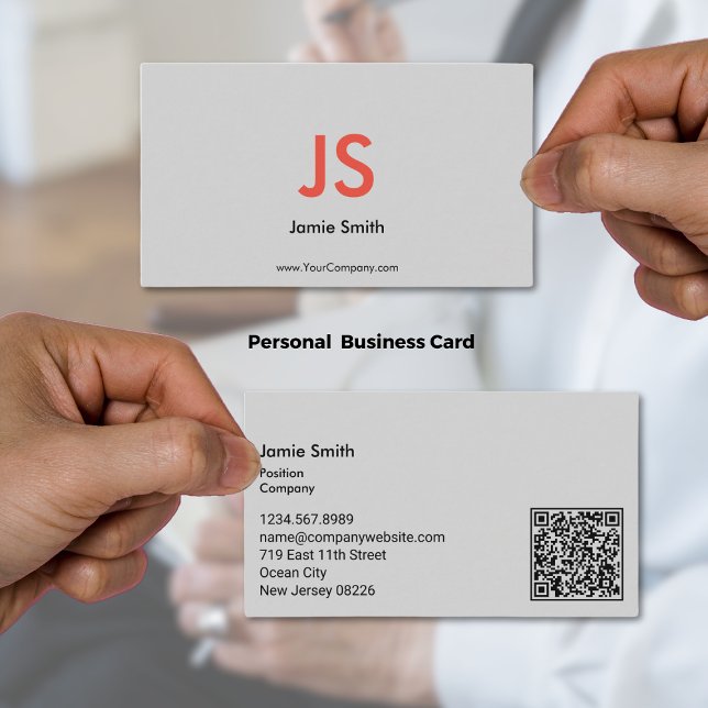 Sophisticated Red Initials QR-code Black & Grey Business Card (Sophisticated Red Initials QR-code Black & Gray Business Card)