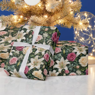 Sophisticated Rose Lily Greenery Bouquet Wrapping Paper
