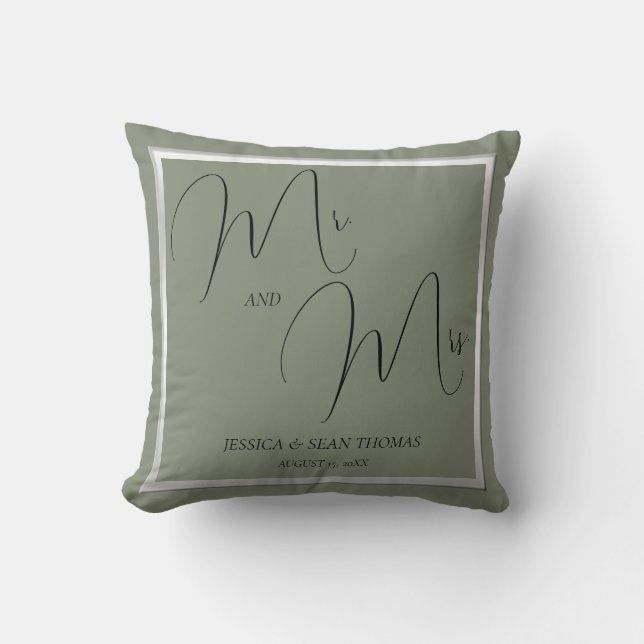 Sophisticated Sage & Silver Wedding Cushion (Front)