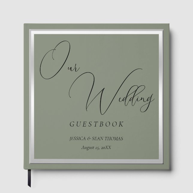 Sophisticated Sage & Silver Wedding Guest Book (Front)