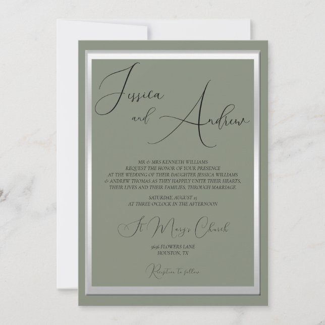 Sophisticated Sage & Silver Wedding Invitation (Front)