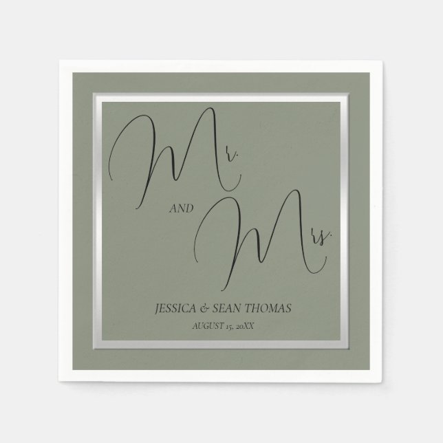 Sophisticated Sage & Silver Wedding Napkin (Front)