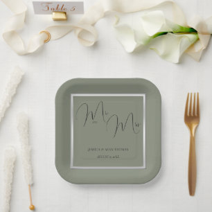 Sophisticated Sage & Silver Wedding Paper Plate
