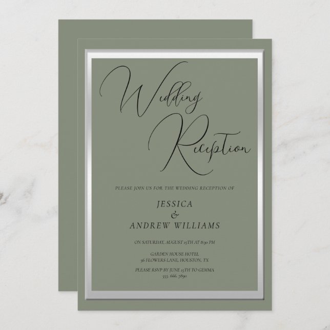 Sophisticated Sage & Silver Wedding Reception Invitation (Front/Back)