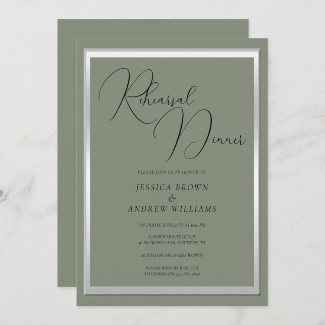 Sophisticated Sage Silver Wedding Rehearsal Dinner Invitation (Front/Back)