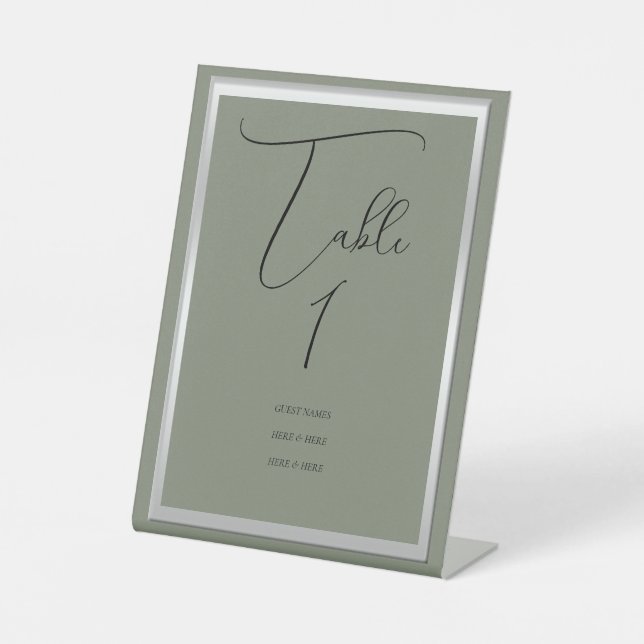 Sophisticated Sage & Silver Wedding Table Number Pedestal Sign (Front)