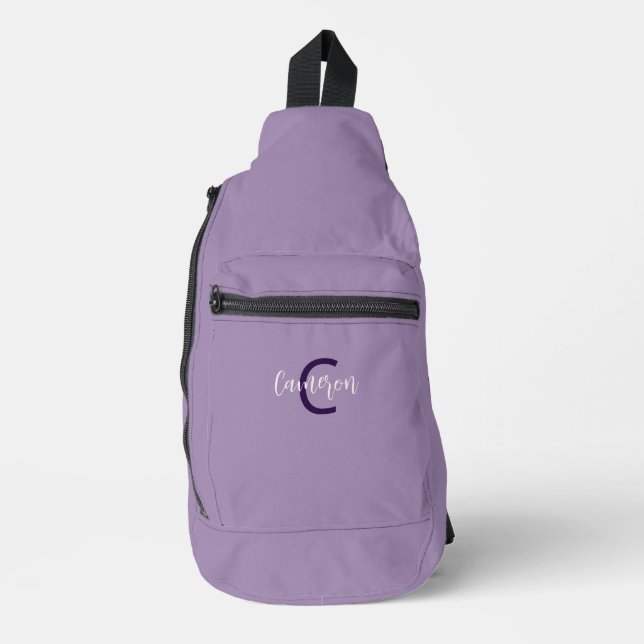 Sophisticated Script Type Initials & Name Violet Sling Bag (Front)