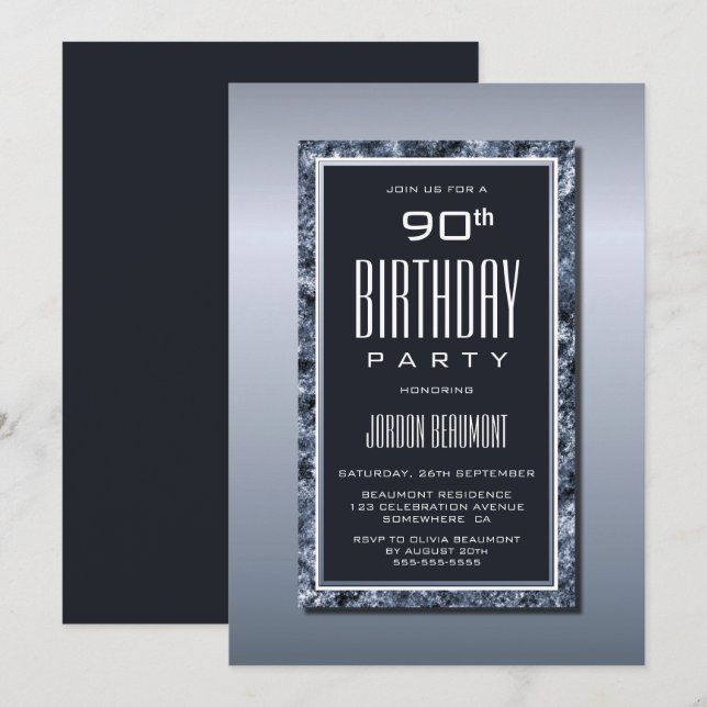 Sophisticated Silver and Grey 90th Birthday Party Invitation (Front/Back)