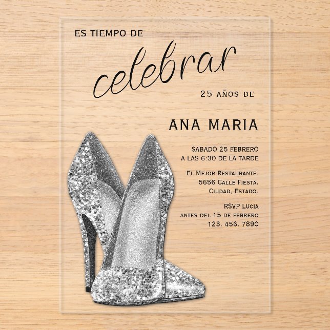Sophisticated Silver Spanish Feminine Birthday  Acrylic Invitations (Front)
