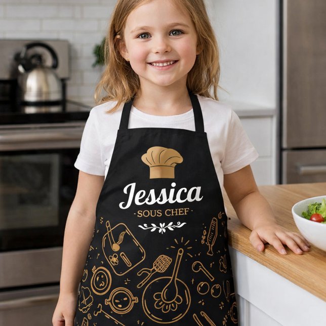 Sophisticated Sous Chef Kitchen Pattern with Gold  Apron (Personalized sous chef kids apron with elegant gold kitchen pattern)