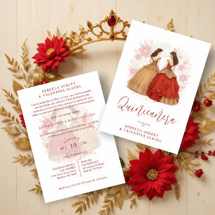 Sophisticated Spanish Red & Gold Quinceañera Twins Invitation