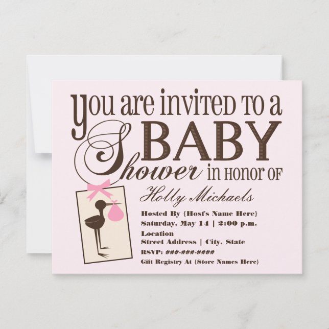 Sophisticated Stork Pink Baby Shower Invitation (Front)