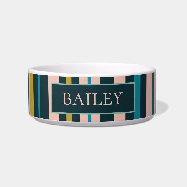 Sophisticated Stripes Personalised Blue Blush Dog Bowl (Front)