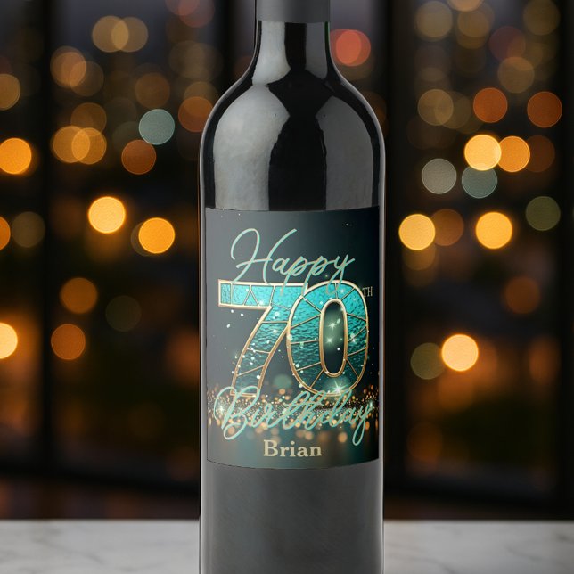 Sophisticated Teal and Gold Metallic 70th Birthday Wine Label (Creator Uploaded)