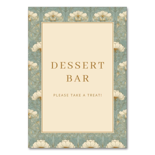 Sophisticated Teal Floral Dessert Bar Sign Table Number (Front)