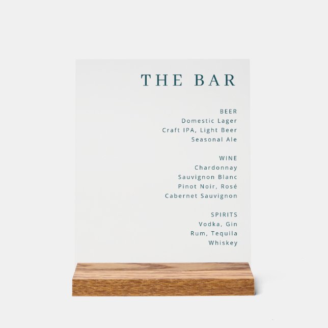 Sophisticated Teal Typographic Bar Menu Acrylic Sign (Front)