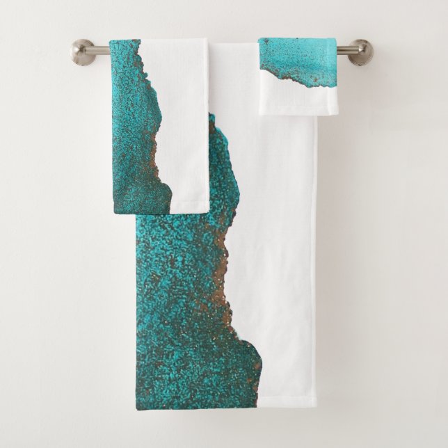 Sophisticated Trendy Teal Black white Abstract Bath Towel Set (Insitu)