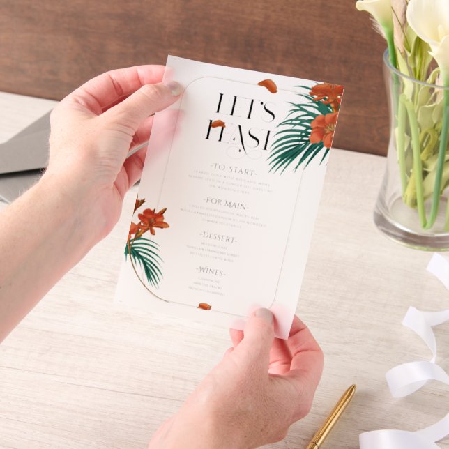 Sophisticated Tropical Flowers Wedding Menu Vellum Invitations (Handheld)