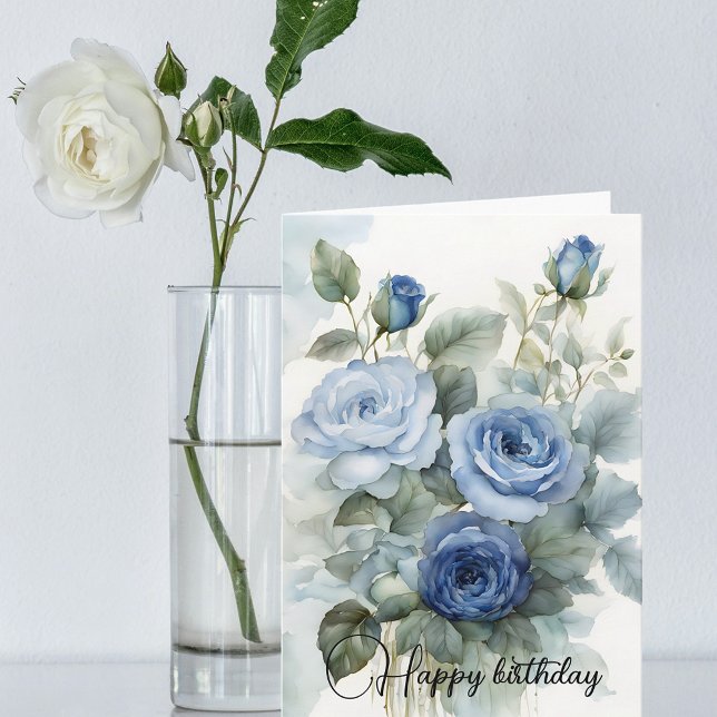 Sophisticated Watercolor Blue Roses Happy Birthday Card (Creator Uploaded)
