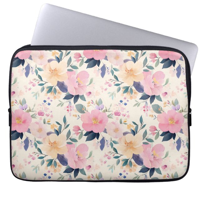 Sophisticated Watercolor Floral Pink Blossoms Laptop Sleeve (Front)