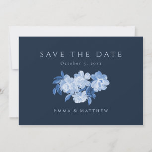 Sophisticated Watercolor Flowers Blue Back QR Save The Date