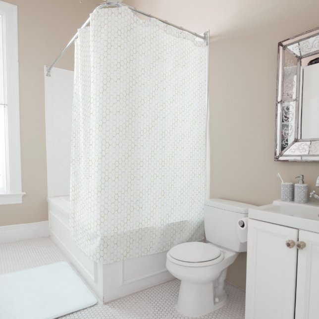 Sophisticated White Gold Hexagon Beehive Pattern Shower Curtain (In Situ)