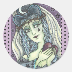 SORCERESS, GOTH WITCH HEART STICKERS Round SHEET
