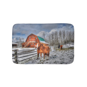 Sorrel and Chestnut Horses and Barn in Winter Snow Bath Mat