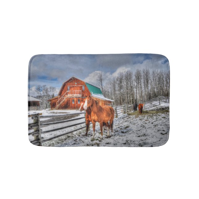 Sorrel and Chestnut Horses and Barn in Winter Snow Bath Mat (Front)
