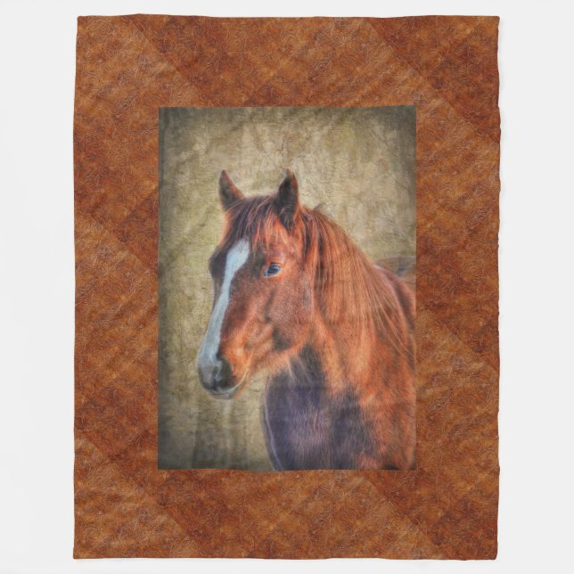 Sorrel Horse Portrait on faux Tooled Leather BG 3 Fleece Blanket (Front)