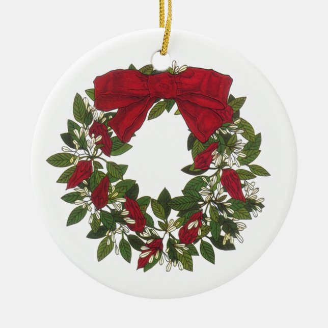 Sorrel /Poinsettia Wreath Ceramic Tree Decoration (Front)