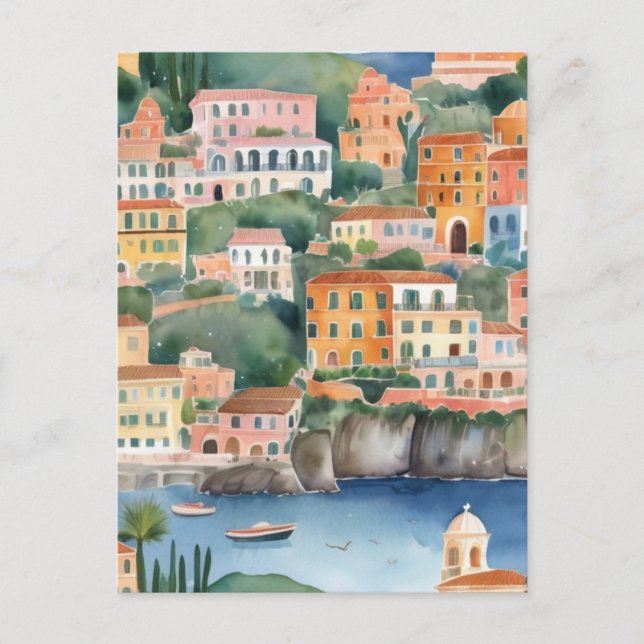 Sorrento Italy, Italian Coast Colourful Watercolor Postcard (Front)