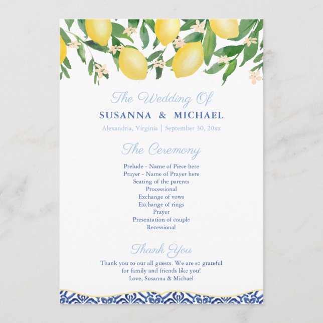 Sorrento Lemons Blue Italian Tiles Wedding Programme (Front)