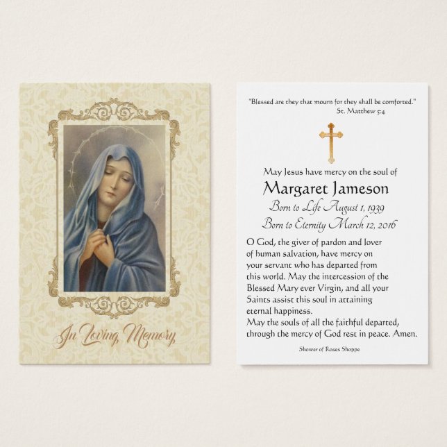 Sorrowful Virgin Mary Funeral Memorial Holy Card - (Front & Back)