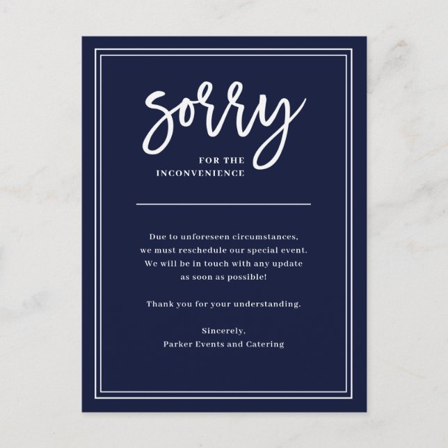 Sorry for Inconvenience | Cancellation or Postpone Announcement Postcard (Front)
