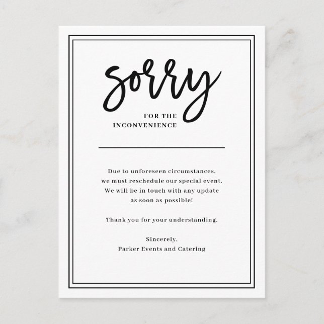 Sorry for Inconvenience | Cancellation or Postpone Announcement Postcard (Front)