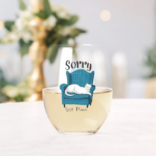 Sorry Got Plans Funny Cat Lover Gift Stemless Wine Glass