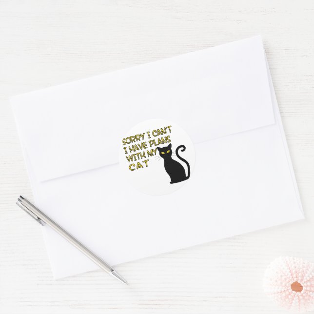 Sorry I Can't Funny Cute Black Cat with Gold Text Classic Round Sticker (Envelope)