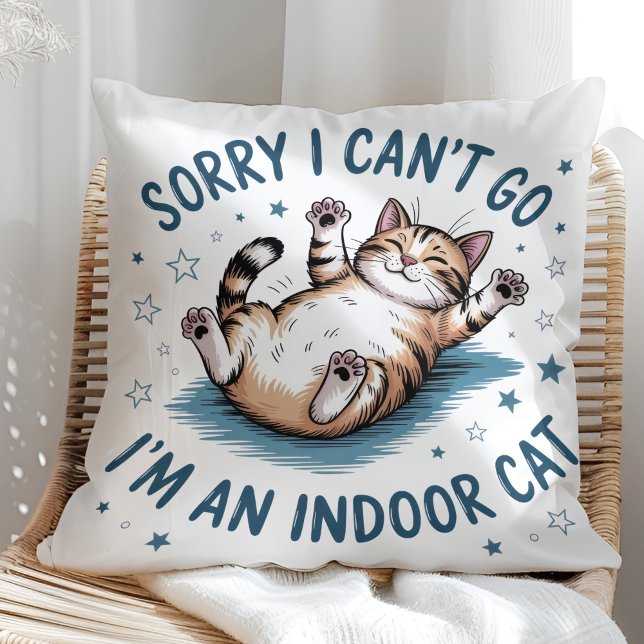 "Sorry I Can't Go, I'm an Indoor Cat" Funny Cushion ("Sorry I Can't Go, I'm an Indoor Cat" Funny Throw Pillow in a sunny boho neutral rattan chair)