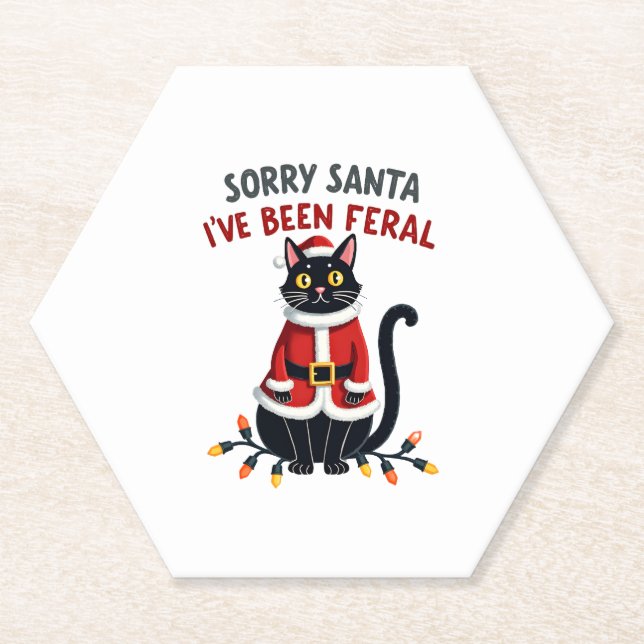 Sorry Santa I've Been Feral Black Cat Christmas Fu Paper Coaster (Front)