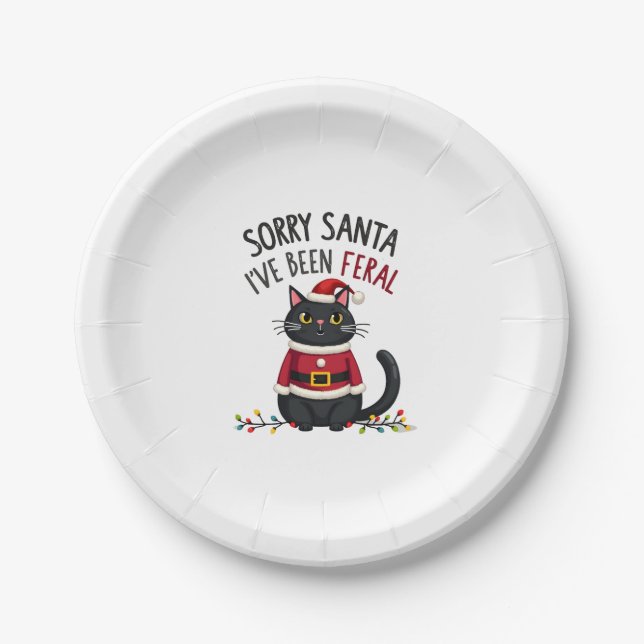 Sorry Santa I've Been Feral Black Cat Christmas Fu Paper Plate (Front)