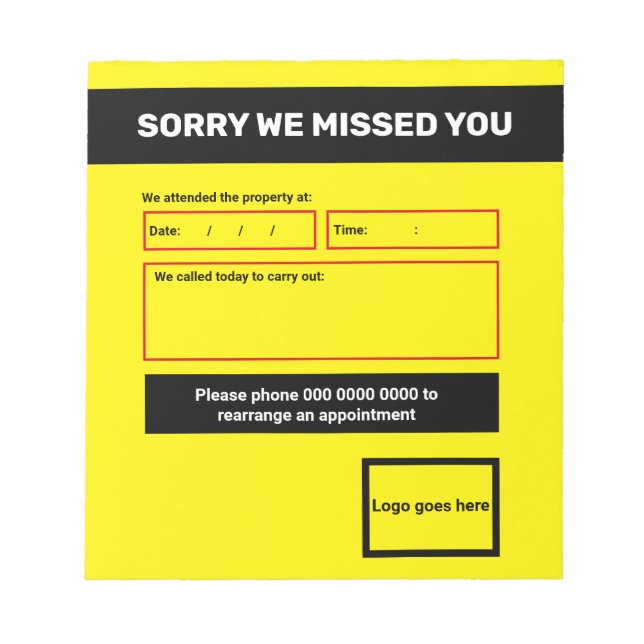 'Sorry we missed you' notepad design  (Front)