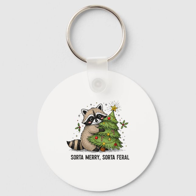 Sorta Merry Sorta Feral Christmas Raccoon Trash Pa Key Ring (Front)
