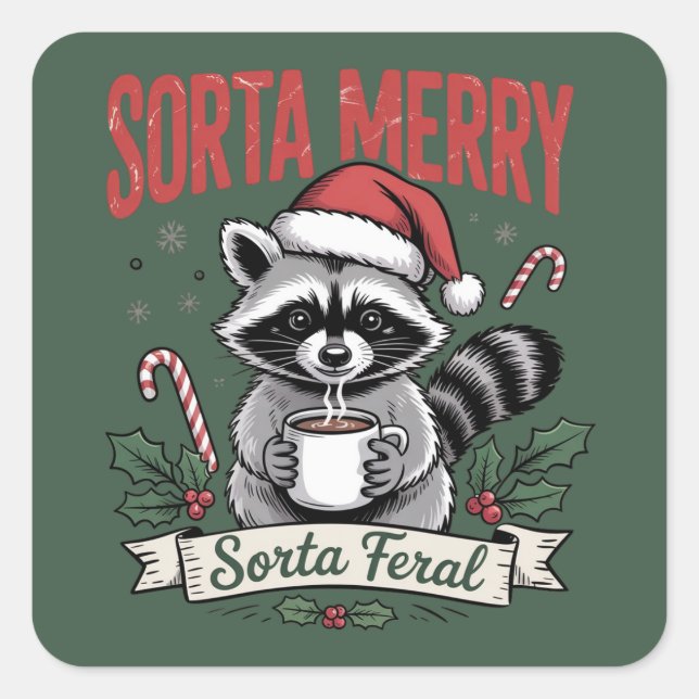 Sorta Merry Sorta Feral Christmas Raccoon Xmas Square Sticker (Front)