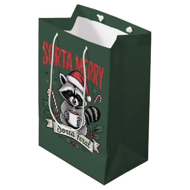 Sorta Merry Sorta Feral Christmas Racoon Xmas Medium Gift Bag (Front Angled)