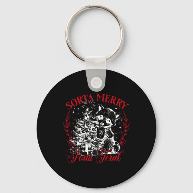 Sorta Merry Sorta Feral Funny Christmas Racoon Xm Key Ring (Front)