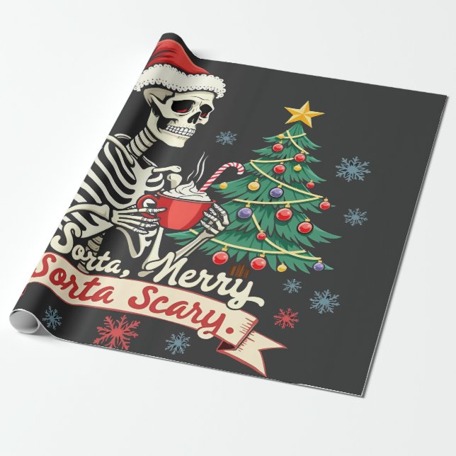 Sorta Merry Sorta Scary Spooky Skeleton Xmas  Wrapping Paper (Unrolled)