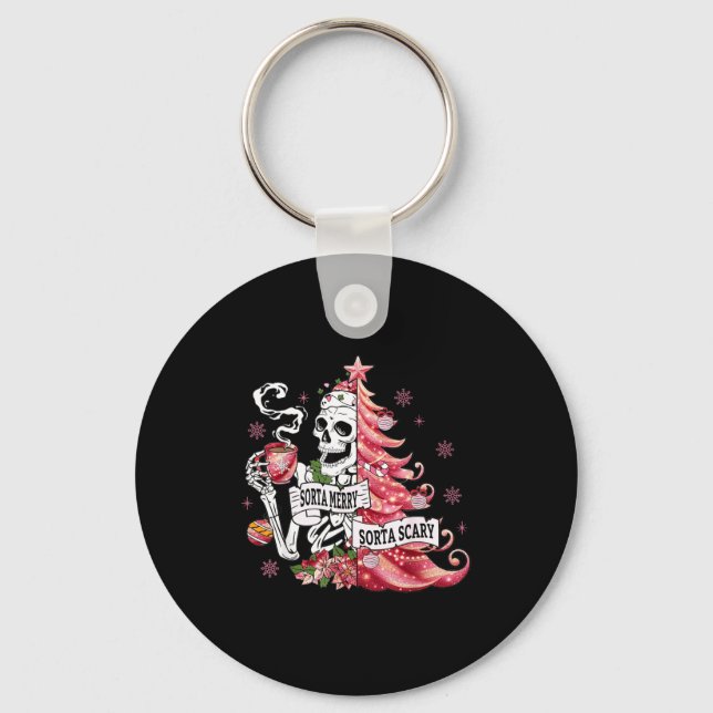 Sorta Merry Sorta Y Funny Skeleton Christmas  Key Ring (Front)