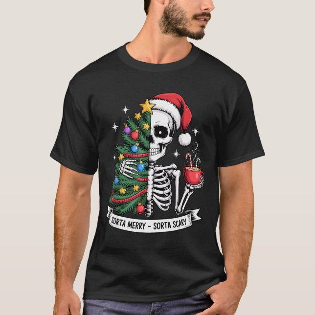 Sorta Merry Sorta Y Santa Skeleton Cocoa Christmas T-Shirt (Front)