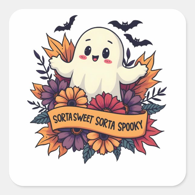 Sorta Sweet Sorta Spooky Halloween Ghost Fall Love Square Sticker (Front)